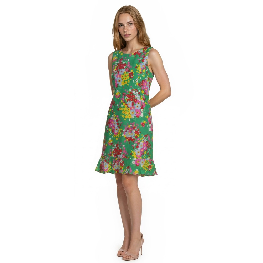 Talbots Green Floral Dress Women's Size 10 Petite 10P Sleeveless Ruffle Hem Knee